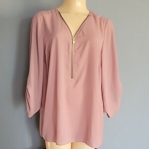 Blush Pink Zipper V-Neck Women's Top